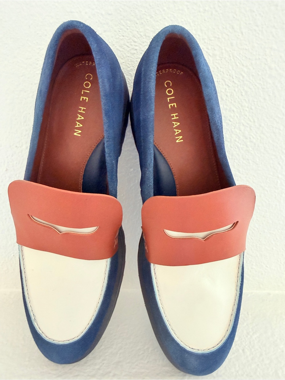 Cole Haan Waterproof Penny Loafers 8 Blue Suede Colorblock Lug Sole Grand New